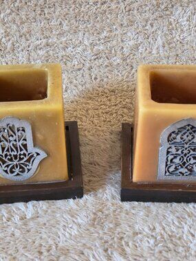 Moroccan Wax Tealight Holders – Pair, Hamsa/Arch